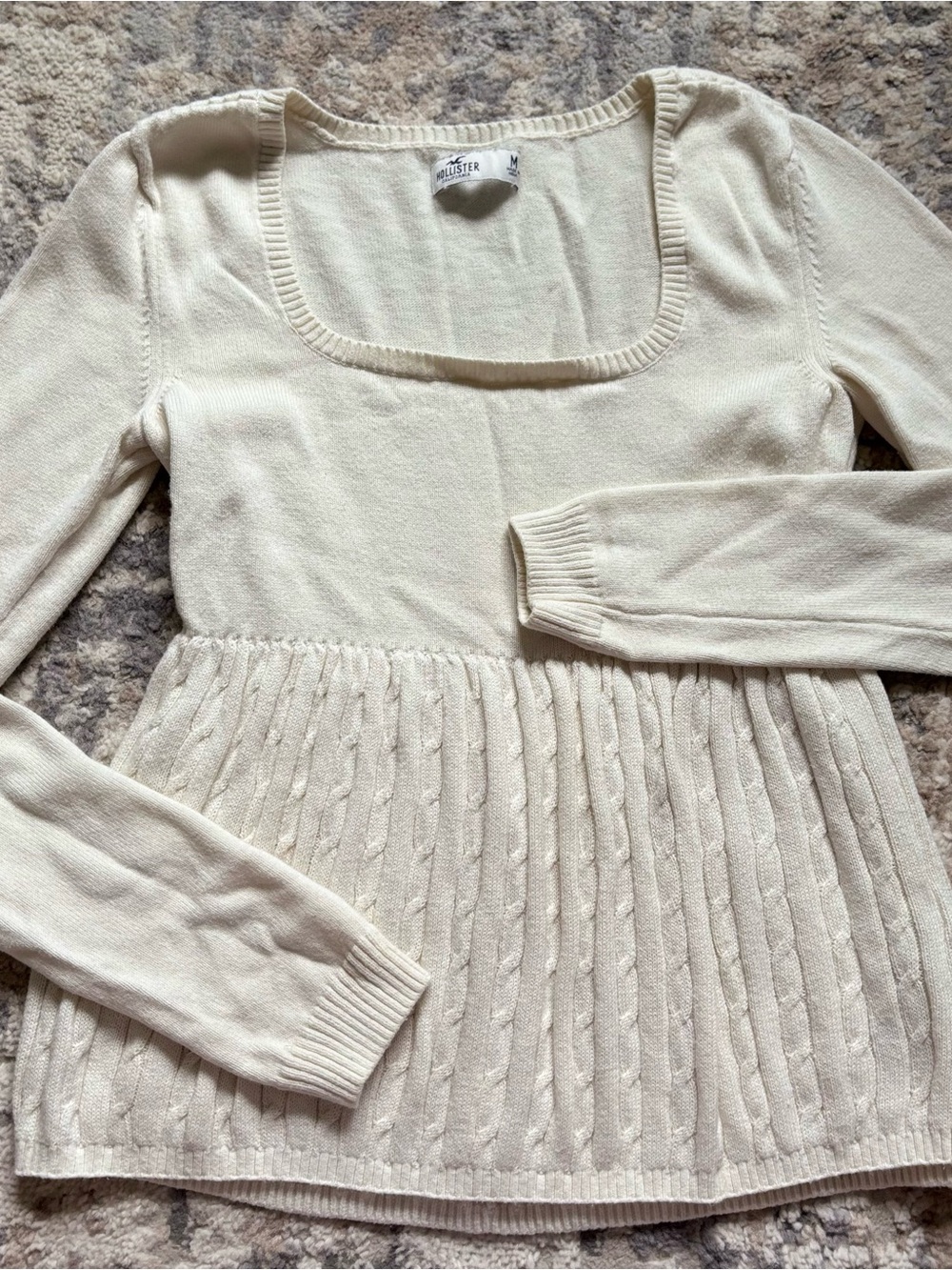 M Hollister Cream Square-Neck Cable Peplum Babydoll Sweater